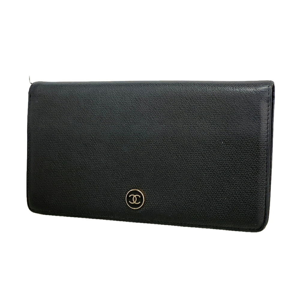 Chanel Long Wallet, Coco Button, Leather, Black, Women's